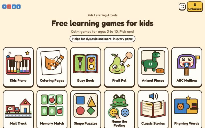 Kids Learning Arcade home page on a computer
