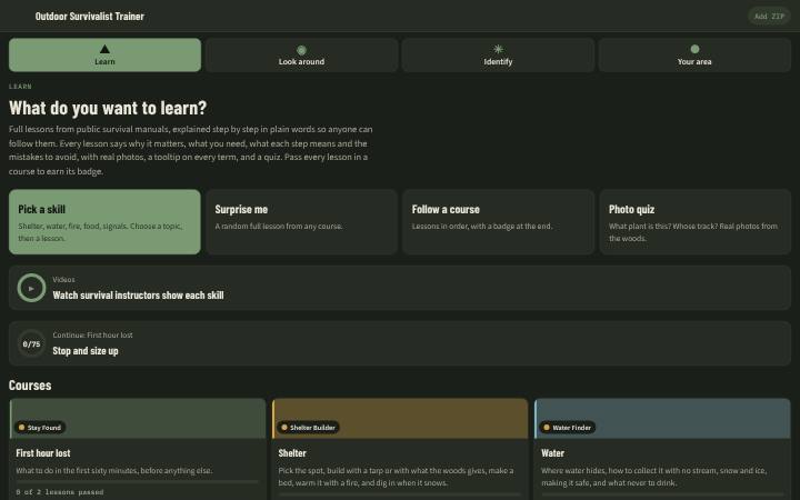 Outdoor Survivalist Trainer home page on a computer