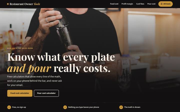 Restaurant Owner Tools home page on a computer