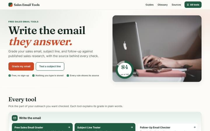 Sales Email Tools home page on a computer