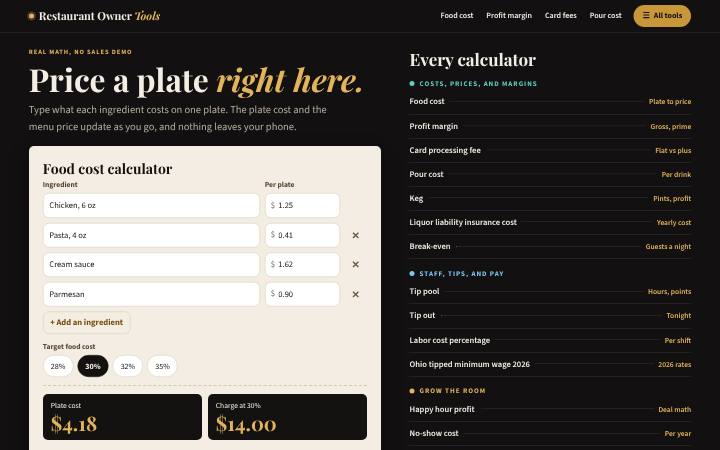 Restaurant Owner Tools home page on a computer
