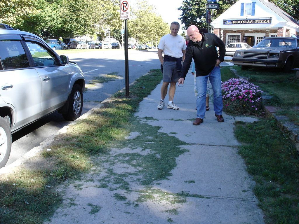 Two men looking over a lawn by the sidewalk before pricing the job